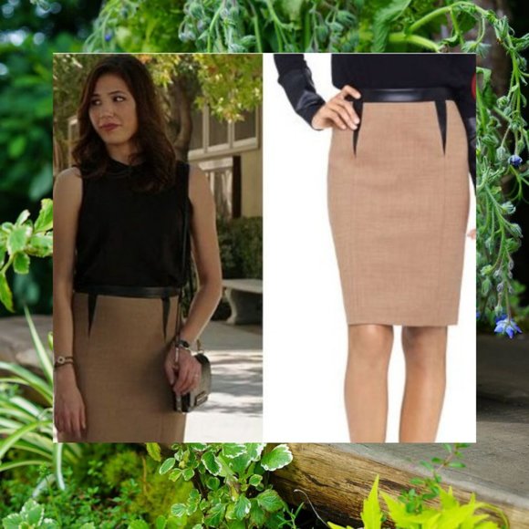 CLUB MONACO Women's Brown Black Leather Pencil Skirt 6‎ fits 4 Wool Knee Length - Picture 1 of 14